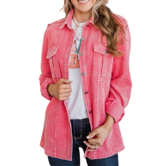 BiBi Jackets & Blazers - Pink Buttoned Flap Pocket Corduroy Jacket